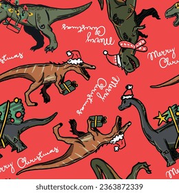 Seamless pattern with christmas dinosaur in hat. Background for t-shirt, stationery, clothes, web, poster, cards and other designs.