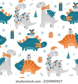 Seamless pattern with Christmas dinosaurs. Cute dinosaurs with gifts and Santa hats. Hand drawn vector illustrations