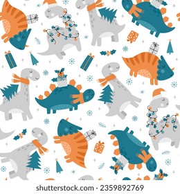Seamless pattern with Christmas dinosaurs. Cute dinosaurs with gifts and Santa hats. Hand drawn vector illustrations