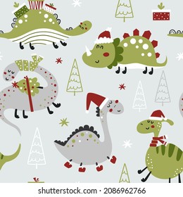 Seamless pattern with Christmas dinosaurs. Vector pattern for wrapping paper and scrapbooking