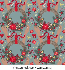 Seamless pattern from Christmas do it yourself DIY wreath made of winter and natural objects