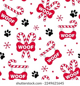 Seamless Pattern of Christmas Dog Pet, Dog Paws, Candy Cane, and Bone with Woof wordings - Christmas Vector design 