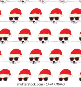 Seamless pattern Christmas dog wearing Santa hat and sunglasses. Vector Illustration. Cute and funny animal holiday design.