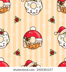 Seamless pattern with Christmas donuts Santa on beige striped background with holly. Funny holiday cartoon kawaii character food. Vector illustration