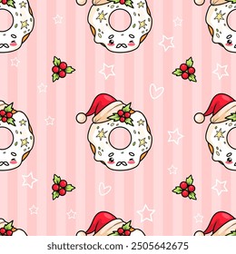 Seamless pattern with Christmas donuts in Santa hat on pink striped background with holly. Funny holiday cartoon kawaii character food. Vector illustration