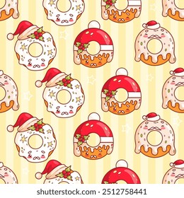 Seamless pattern with Christmas donuts in Santa hat with holly and dripping icing on yellow striped background. Funny holiday cartoon kawaii character food. Vector illustration