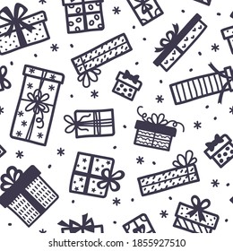 Seamless pattern with Christmas doodle gift boxes silhouettes with bow and ribbons on white background. Wrapping paper kids drawing sketch style