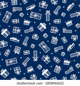 Seamless pattern with Christmas doodle gift boxes, white silhouettes with bow and ribbons on blue background. Wrapping paper kids drawing sketch style