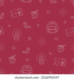 Nahtloses Muster von Weihnachts-Doodle-Icons. Hintergrund der Vektorgrafik. Konzept des Neujahrsfestes.
