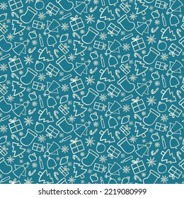 Seamless pattern of christmas doodles in a white gold gradient colour on a blue background.
