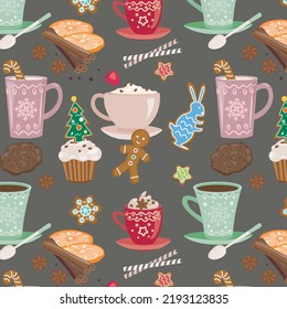 Seamless pattern. Christmas drinks. Cups with coffee, tea with cinnamon, hot chocolate with whipped cream and gingerbreads. Mugs for Xmas, New year or winter holidays