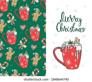 Seamless pattern with Christmas drinks and gingerbread. Christmas card. Vector design.
