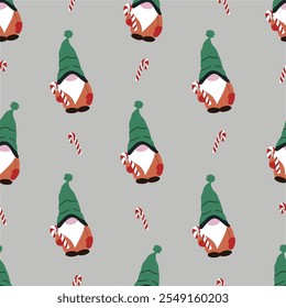 Seamless pattern with Christmas dwarf. Dwarf holding candy cane. Merry christmas and happy New year. Season greeting. Hand drawn vector illustration