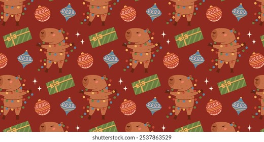 Seamless pattern with Christmas elements and Capybara with garland. New Year winter background with tree toys, gift box. Vector background for packaging, textiles, scrapbooking.