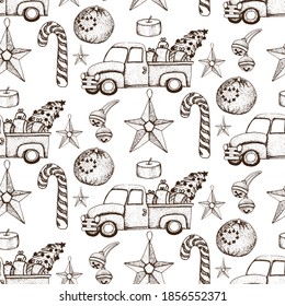 Seamless pattern of Christmas elements. Christmas decoration, gingerbread,  desserts, snacks, treats, coctail. Christmas and New Year symbols pattern, traditional holiday treats