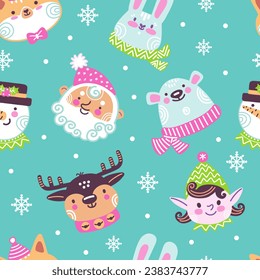 Seamless pattern with Christmas elements in doodle style present, reindeer, gingerbread, tea, gifts. Vector illustration. Winter background. For greeting cards, print, design, fabric and porcelain