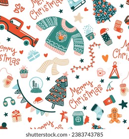 Seamless pattern with Christmas elements in doodle style present, reindeer, gingerbread, tea, gifts. Vector illustration. Winter background. For greeting cards, print, design, fabric and porcelain