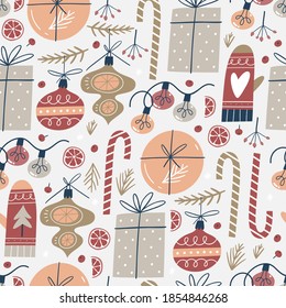 Seamless pattern with Christmas elements. For fabric, wrapping paper and other decoration. Vector illustration