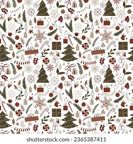 Seamless pattern with christmas elements. festive New Year decor with candle, star, gift box, Christmas tree, toy, holly plants, mistletoe, red berries, snowflakes for textile, scrapbooking.