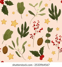 
seamless pattern with Christmas elements from fir branches, mistletoe, red and white berries, pine cones on a beige background with a winter atmosphere, in flat style for wrapping paper, background