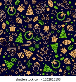 Seamless pattern with Christmas elements, flat style. Christmas and New year decoration. Winter background. Pattern for fabric, textile, wrapping paper and other decoration.Vector illustration.