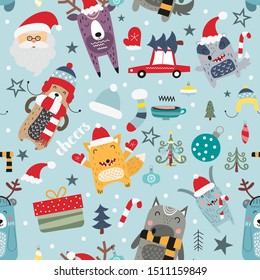 Seamless pattern for Christmas with elements Christmas and forest animals - fox, wolf, bear. Cute pattern for gift wrapping paper, t-shirts, greeting cards. Vector illustration. Scandinavian style.