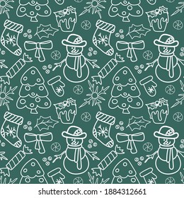 Seamless pattern of christmas elements hand drawn in doodle style. Layout for wallpaper, digital paper, textile, packaging, design and creativity. Green background