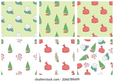 seamless pattern of christmas elements. hand drawing christmas pattern with polar bear, christmas tree and gift bag