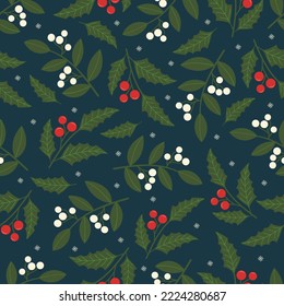 Seamless pattern of Christmas elements: a holly with berries, a twig with leaves and snowflakes. New Year's illustration in flat style on dark background. Vector image.