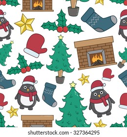 Seamless Pattern Of Christmas Elements Or Icons With Doodle Style And Colorful