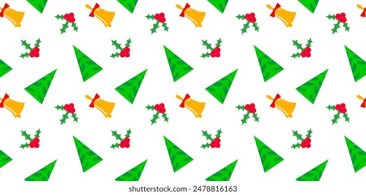 Seamless pattern with Christmas elements:  Ilex, Christmas tree, bell on white background. For packaging, fabric, cover design. Vector illustration 