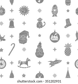 Seamless pattern with Christmas elements and illustrations. Various Christmas decoration. Vector. Isolated