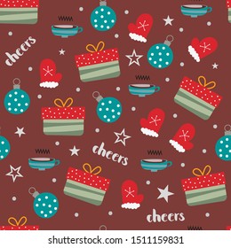 Seamless pattern for Christmas with elements Christmas - mittens, gift boxes, cocoa and christmas decorations. Cute pattern for gift wrapping paper, t-shirts, greeting cards. Vector illustration.