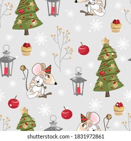 Seamless pattern with Christmas elements and Mouse. Vector illustration. Printing on paper and fabric.