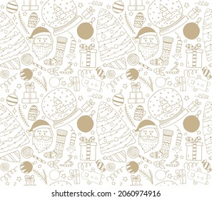 Seamless pattern with christmas elements. New Year and Christmas vector illustration. Print in gold and white colors for winter celebration.