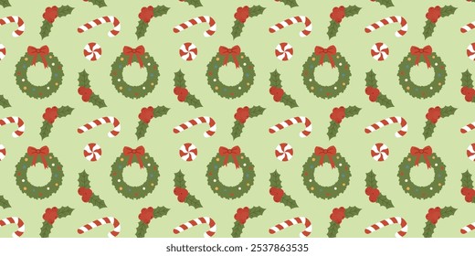 Seamless pattern with Christmas elements. New Year winter background with candy cane, holly branch, christmas wreath. Vector background for packaging, textiles, scrapbooking.