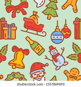 Seamless pattern with Christmas elements on green background. Vector texture.