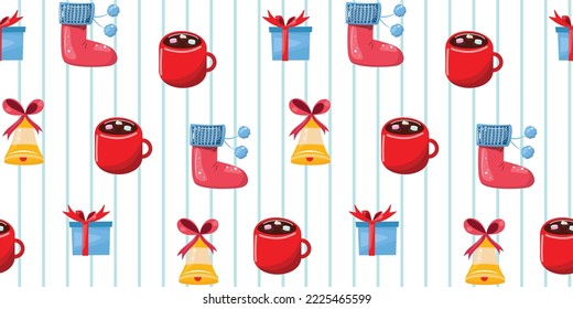 Seamless pattern with Christmas elements on stripe background.