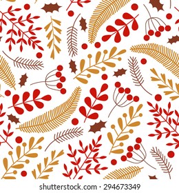 Seamless pattern with Christmas elements: pine, berries, leaves, in red and gold colors