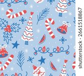 Seamless pattern with Christmas elements in red and blue on a black background, including a gift box, ornaments, snowflakes, and holiday decorations.