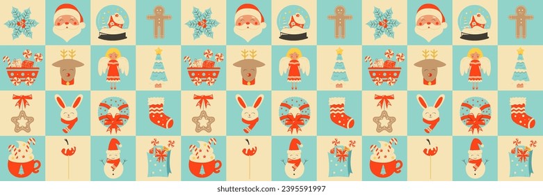 Seamless pattern with Christmas elements. Repeatable pattern tile design for winter holidays in retro style. For wrapping paper, wallpaper, textile, poster background. Vector illustration.