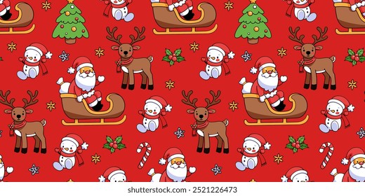Seamless pattern of Christmas elements. Santa Claus on a sleigh, reindeer, snowman, mistletoe, Christmas tree, stars,candy cane. Merry Christmas and Happy New Year