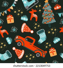 Seamless pattern with Christmas elements snow, red truck, gifts, skates on black background vector illustration. For print and design, greeting cards, wrapping paper, fabric, porcelain, linen, decor