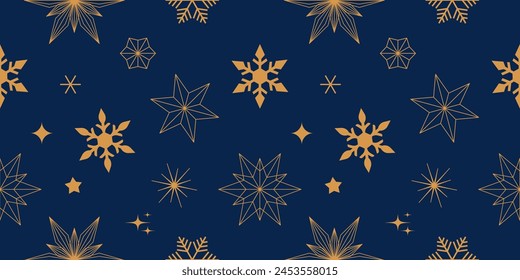 Patrón sin fisuras con Elementos de Navidades, copos de nieve y estrellas sobre fondo azul oscuro para envolver papel, tarjeta, Anuncio. Festiva temporada, diseño abstracto. Ilustración vectorial.