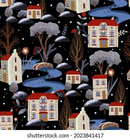 Seamless pattern with  Christmas elements, snowy city, river and trees