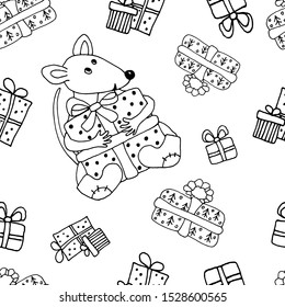 Seamless pattern with christmas elements. Symbol 2020 rat, mouse with gifts. Hand made vector illustration for new year design, pattern, wallpaper, packaging, wrapper.