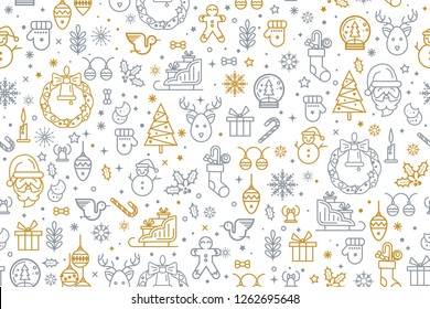 Seamless pattern with Christmas elements, thinline style. Christmas and New year decoration. Winter background. Pattern for fabric, textile, wrapping paper and other decoration.Vector illustration.