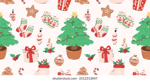 Patrón sin fisuras con Elementos de Navidades. Árbol de Navidad, pan de jengibre, calcetines, juguetes del árbol de Navidad, regalos, dulces. Ilustración vectorial plana.