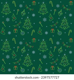 Seamless pattern with christmas elements. Christmas tree,snowflakes, gift boxes, candies, socks,  toys, garlands. Vector illustration on  green background. For holiday decor,wrapping paper,textile.