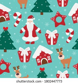 Seamless pattern Christmas elements vector illustration. Christmas tree star Santa Claus deer house gift candy